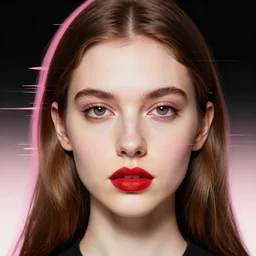 highly detailed portrait of a young white woman with brown hair and scarlet lips, photographic realistic background, by tokenin, by glitchedpuppet, gradient pink, black, cream, brown and white color scheme, trending in artstation, award winning details