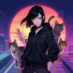 a pale skinny white young girl, black hair, the hime cut, in a black hoodie, and two cats, apex legends character, digital illustration portrait design, by android jones and greg rutkowski, retrowave color scheme, detailed, cinematic lighting, wide angle action dynamic portrait