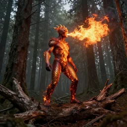 dead forest, fire person with scales, standing on a fallen tree, fire from mouth, breathing fire, by Greg Rutkowski, trending on artstation, unreal engine, 4k, high quality render, digital art