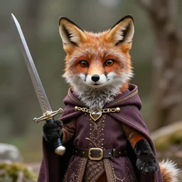 photorealistic real life foxfolk wizard druid as a very fancy and very adorable and lovable furry muppet plush wearing a fancy elven cloak and holding a sentient scimitar, photography, national geographic, sesame street
