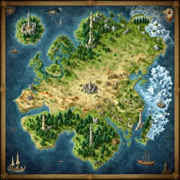fantasy RPG map with islands, forests, mountains and some tall towers and castles. Lush green continents, desert lands, and some frozen regions. Ships and sea monsters are depicted in the seas. Medieval Romanesque frescoes tapestry style.