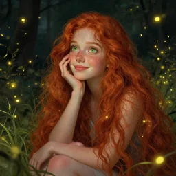 a young woman, amazed by the lights of golden fireflies, sitting in the midst of nature fully covered, long loose red hair, intricate linework, dreamy green eyes, small nose with freckles, oval shape face, soft happy smile, realistic, expressive emotions, dramatic lights scene, hyper realistic ultrafine digital art by james jean and albert bierstadt and artgerm