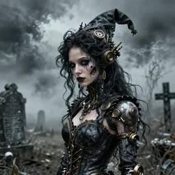 cinestill 5 0 d photography of a dystopian beautiful steampunk cyborg hybrid witch by flora borsi, hair and dress water ink, misty infected cemetery scenic dystopian stormy environment, elegant, highly detailed, blur digital photo art, artstation, sharp focus, head in focus, interstellar tonal matt colors