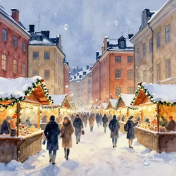 abstract watercolor painting of stockholm street, magic diamond crystal winter, traditional christmas market, cinematic light, national romanticism by anders zorn, by greg rutkowski, by greg manchess