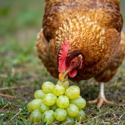 a chicken eating a grape