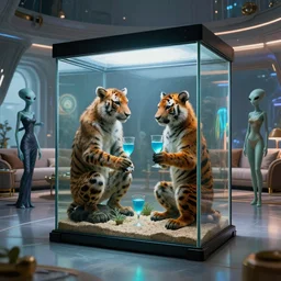 a large terrarium containing 2 humans dressed in animal skins, terrarium is in a large futuristic living room with slender aliens in elegant clothing watching and drinking neon blue drinks - n 4