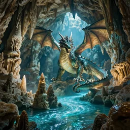 dragon in a beautiful huge cave with stalactites, stalagmites, underwater glittering river, volumetric light, by greg rutkowski