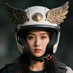 Asian woman wearing a winged helmet.