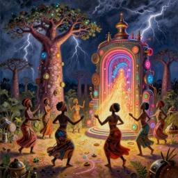 african women dancing around a glowing, energized, steampunk neon portal near the electric baobab tree in a lightning storm, by greg rutkowski. oil on canvas, afropunk!, afrofuturism, detailed and intricate environment, radiant lighting. highly detailed. masterpiece