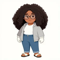 A curvy woman with #E0A37A skin color, south east asian with long, puffy, afro hair, small square glasses, light grey hoodie opened, white T-Shirt, white gloves, denim jeans, birkenstock sandals, cartoon style, character art