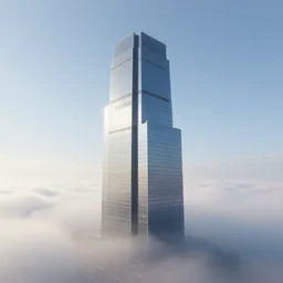 lone mirror skyscraper rising from an opaque carpet of fog in an otherwise clear sunny day. lateral view showing the building from top to bottom. dynamic perspective, surrealism, concept art by dom qwek, trending on cg society, futurism, futuristic, volumetric lighting, aesthetic. digital matte painting