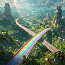 incredible, mindblowing beautiful expansive rainbow hardlight bridge, matte painting, artstation, solarpunk metropolis, cgsociety, dramatic lighting, vibrant greenery, concept art, octane render, arnold 3 d render