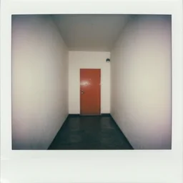 a long white hallway with one red door at the end, old polaroid, expired film, liminal space,