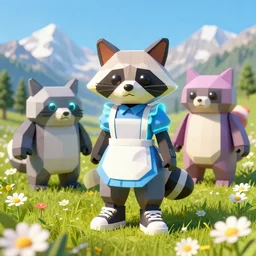 lowpoly ps 1 playstation 1 9 9 9 glowing neon anthropomorphic behemoths raccoon maid standing in a field of daisies wearing converse shoes, swiss alps in the distance digital illustration by ruan jia on artstation