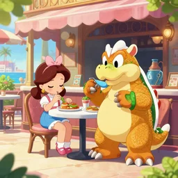 wendy o. koopa and roy koopa hanging out at the esplanade, ordering a meal from a fancy restaurant in the sun, illustration, imaginefx, 4 k, high res