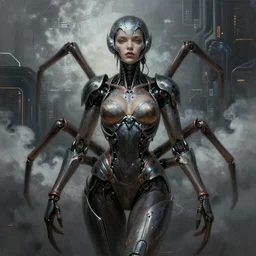 ultra realist and ultra intricate detailed soft painting of an beautiful armored arachne female biomechanical body,  symmetry features, sensual gloomy style, volumetric clouds,  cyberpunk background, artstation,  unreal render, depth of field