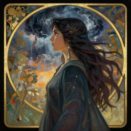 side profile centered painted portrait, Maya Ali as a storm sorcerer, D&D, matte painting concept art, beautifully backlit, official fanart, 4k, HDR, Trending on artstation, Behance, Art Nouveau, by Mucha and Jesper Ejsing and RHADS and Makoto Shinkai and Lois van baarle and ilya kuvshinov and rossdraws and Cushart Krentz and Gilleard James