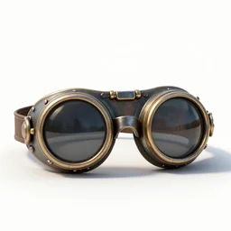 weathered steampunk goggles, stylized 3d render, isolated on a pure white background, centered, entire object in frame, sharp focus, soft studio lighting