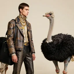 fashion model and ostrich looking at each others, official versace tutorial, highly detailed