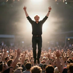backlit geert wilders suspended in the air and raising both his arms amid epic crowd