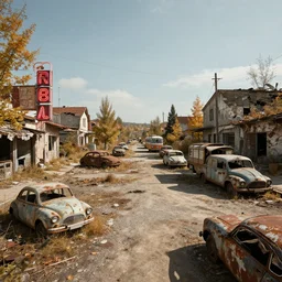 low wide angle shot of dilapidated fallout 5 europa, temperate euro small town, desolate, dilapidated neon signs, few rusted retro futuristic vintage parked vehicles like cars, buses, trucks, trams, volumetric lighting, photorealistic, daytime, autumn, sunny weather, sharp focus, ultra detailed, f 1. 4, 4 0 0 0 k