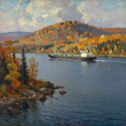 Lake Superior in Autumn, Freighter ship in distance, landscape, beautiful artwork by ivan shishkin