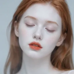 out of focus photorealistic portrait of a beautiful aesthetic pale young woman by sarah moon, ginger hair, ginger lipstick, very blurry, translucent white skin, closed eyes, foggy
