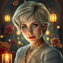 portrait of ellen degeneres, volumetric lights, feast, music notes, art nouveau botanicals, gothic, intricate, highly detailed, digital painting, artstation, concept art, smooth, sharp focus, symmetric face, illustration, steampunk, art by artgerm and greg rutkowski and alphonse mucha