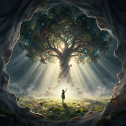 a single machine elf in the distance beckoning, a fractal psychedelic tree reaching from a void and dissolving, the fabric of reality poking through the edges, geometric vignette, magical clearing, sunshafts, dramatic lighting, dust motes floating in the sunlight, 4 k concept art