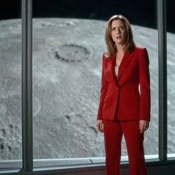 a medium full shot photograph by annie leibovitz depicting bryce dallas howard in a tailored red suit standing next to a plate glass window with an anxious expression. outside we see the surface of the moon. sci fi, futuristic, cinematic, soft lighting, sci fi, bladerunner 2 0 4 9, canon eos r 3, f / 3, iso 2 0 0, 1 / 1 6 0 s, 8 k, raw, unedited