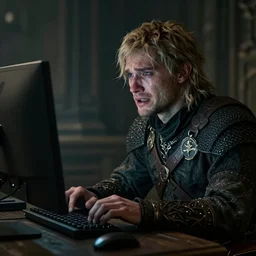 igor plays at the computer in elden ring and cries bitterly, realism, photo, 8 k quality