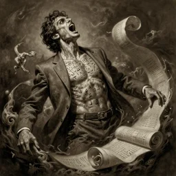 photorealistic sepia - toned painting of a single screaming male in a grey suit, nabatean aramaic tattoos on his skin, his body unravelling like a scroll, atmospheric lighting, dark, brooding, painted, intricate, ultra detailed, well composed, best on artstation, cgsociety, epic, horror, stunning, gorgeous, intricate detail, much wow, masterpiece, cinematic aesthetic octane render, 8 k hd resolution,