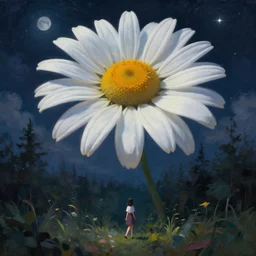 looming giant daisy flower over head, girl walking in forest, surreal photography, dark night, stars, moon light, impressionist painting, clouds, digital painting, artstation, simon stalenhag