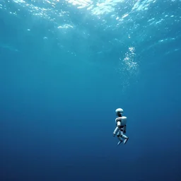 a photo of a a vast underwater with a tiny cyborg in the center curled into itself. Cinematic post-processing. Award winning portrait photography. Sharp eyes.