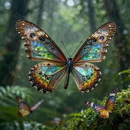 wild nature photograph of mechanical square fractal butterflies flying in the rainforest, photorealistic photograph cinematic lighting intricate detailed 8 k resolution