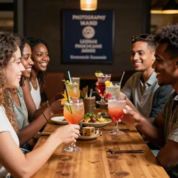 diverse group of friends enjoying cocktails, stock photography, hyper realism, food photography, canon, photography award, detailed, south africa,