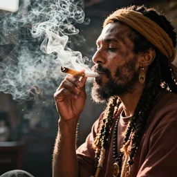 a professional photographer of a rasta smoking a lit joint with sun rays shining through the smoke, dramatic lighting, canon t 6