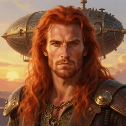 portrait painting of a handsome face rugged long hair crimson hair van damme, top half portrait soft hair steampunk ornate mechanical zeppelin airship in the background sky sunset golden hour fantasy soft hair deviantart book cover art dramatic volumetric lighting art by wlop greg rutkowski gaston bussiere