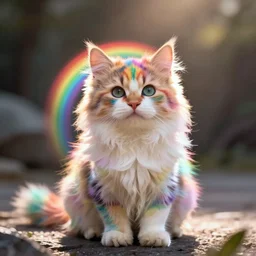 of a very proud fluffy rainbow kitten with a glowing rainbow aura, digital art