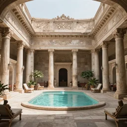 a detailed CGI rendered picture of an elegant bath house in ancient Rome, shot in wide angle, with soft lighting. Digital art render, artstation, ultra detailed