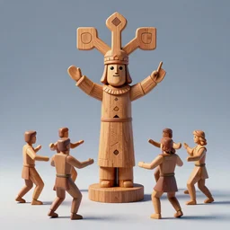 a wooden Slavic totem of Piorun god surrounded by dancing people. Synthwave style digital art picture