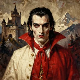 centered detailed, portrait of count dracula, nosferatu, horror, gothic, medieval castle in carpathian mountains, art by jean giraud and moebius, grimy texture, realistic, expressive emotions, red and cream colours