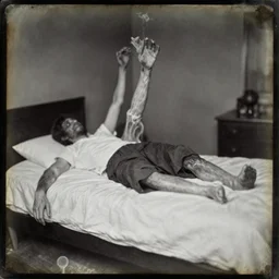 daguerreotype photo of a person being thrown out of bed by a phantom limb, detailed and creepy, ectoplasm