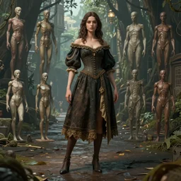 costume design from postmodern designers, artist reference pictures pose, anatomy skills,sophisticated composition, old masters light composition, procedurally generated, epic anthropomorphic human girl character posing for concept art, forest city streets behind her, substance designer, PBR, HD, Ultra detailed, hyperrealistic, megascans, volumetric light, concept by master artist, made in paint tool SAI2, trending pixiv face