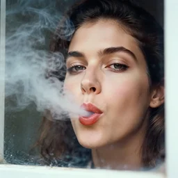 Zoomed cropped voyeuristic direct eye contact closeup of supermodel neighbor blowing smoke in window, Technicolor, telephoto lens, vintage photograph, historical archive