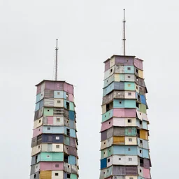 two towers made up of makeshift squatter shacks with pastel colours, mamiya, f 1 1, uniform plain sky, fine details, photographed by julie blackmon and nick knight