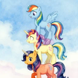 a tower of ponies : a pony riding a pony riding a pony riding another pony, all stacked in eachother, it's pony all the way up to the sky, watercolor, by moebius, clamp, vibrant palette