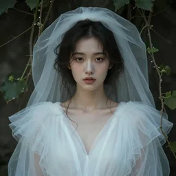 hight focus f - 2 2, 8 5 mm, iso 1 0 0 : a wonderful realistic focused sweet face mid portrait of a lonely woman with a detailed wonderful symmetrical face who is dressed with a wonderful, majestic, large semi transparent white cotton dress, she is emerging from the vines,, dramatic lighting, digital art, artstation