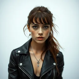 a photograph of a young woman in leather jacket, 9 0 s rebellious punk, dof, sharp focus, highly detailed face, symmetric face, realistic iris, photography by paolo roversi