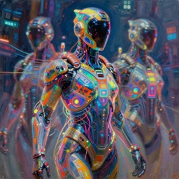 concept art of cybersuits, intricate vibrant colors, glowing thin wires, bright glowing instruments, colorful detailed projections, light show, volumetric, cinematic shot, oil painting by jama jurabaev, extremely detailed, brush hard, artstation, for aaa game, high quality, brush stroke